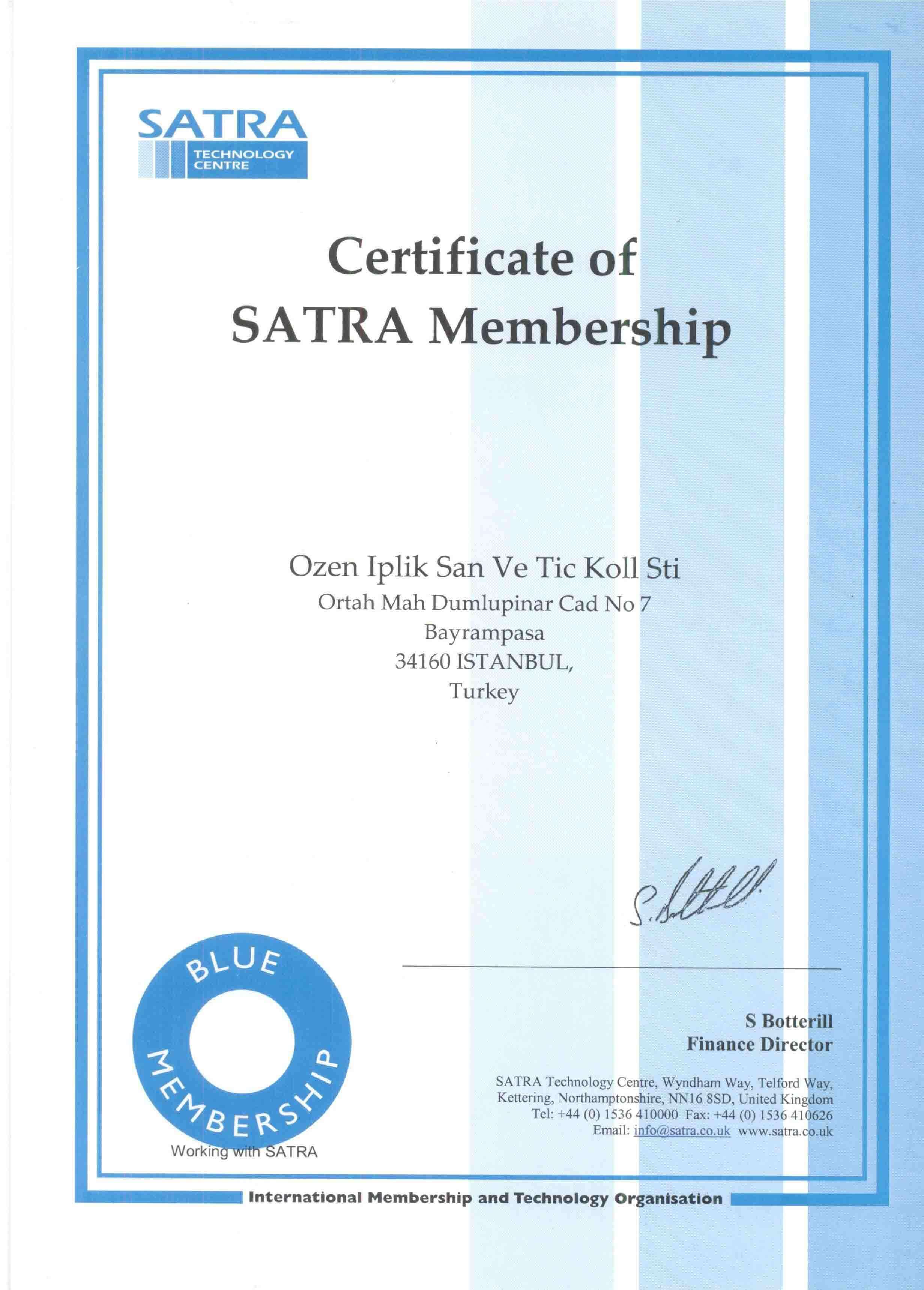 Certificate of SATRA Membership