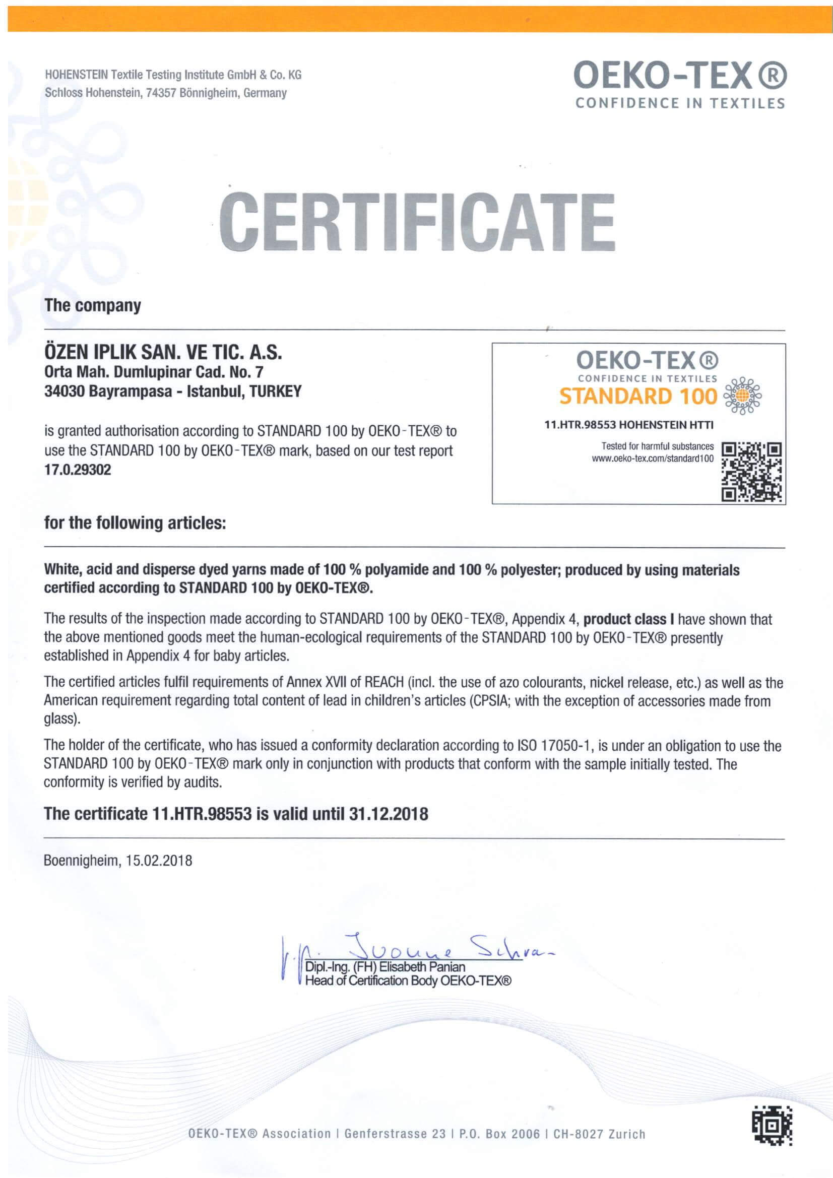 Certificate OEKO-TEX Standart 100